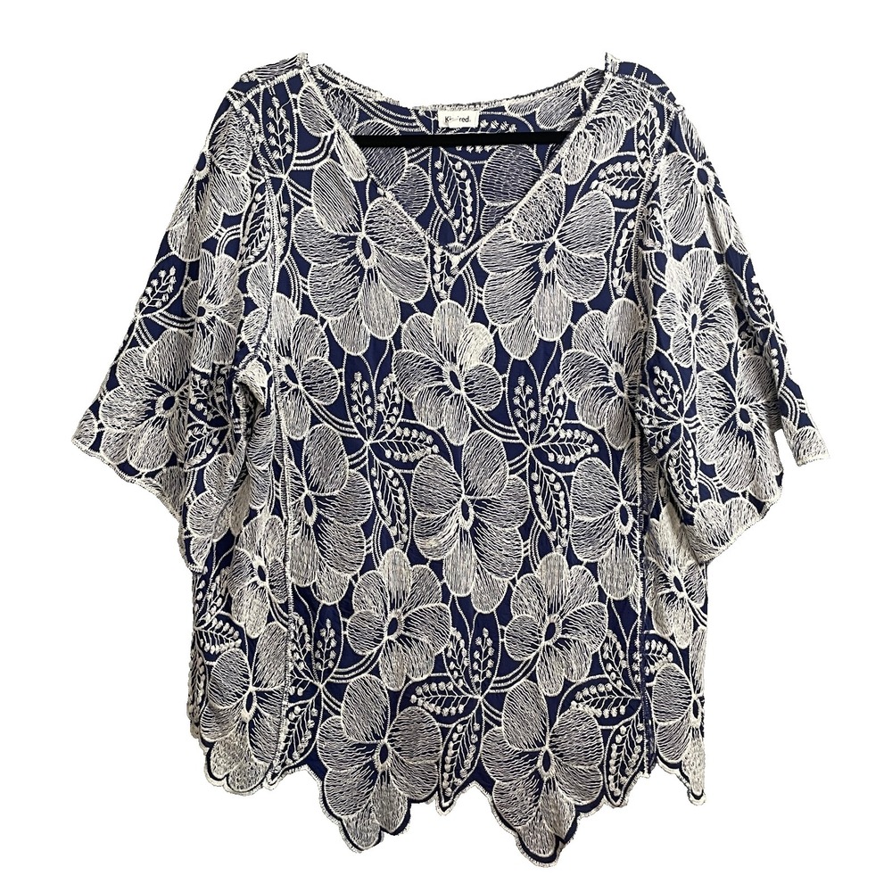 Kindred Anthro Top Size 2X Blue White Floral Embroidered Short Sleeve Boho Shirt